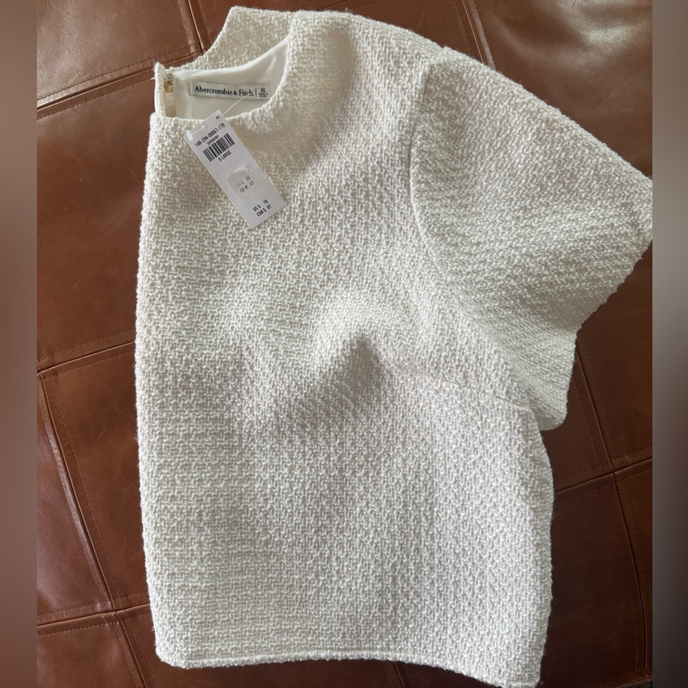 NWT Abercrombie & Fitch Woven Tweed Top White Short Sleeve Cropped Size XL - Picture 3 of 6